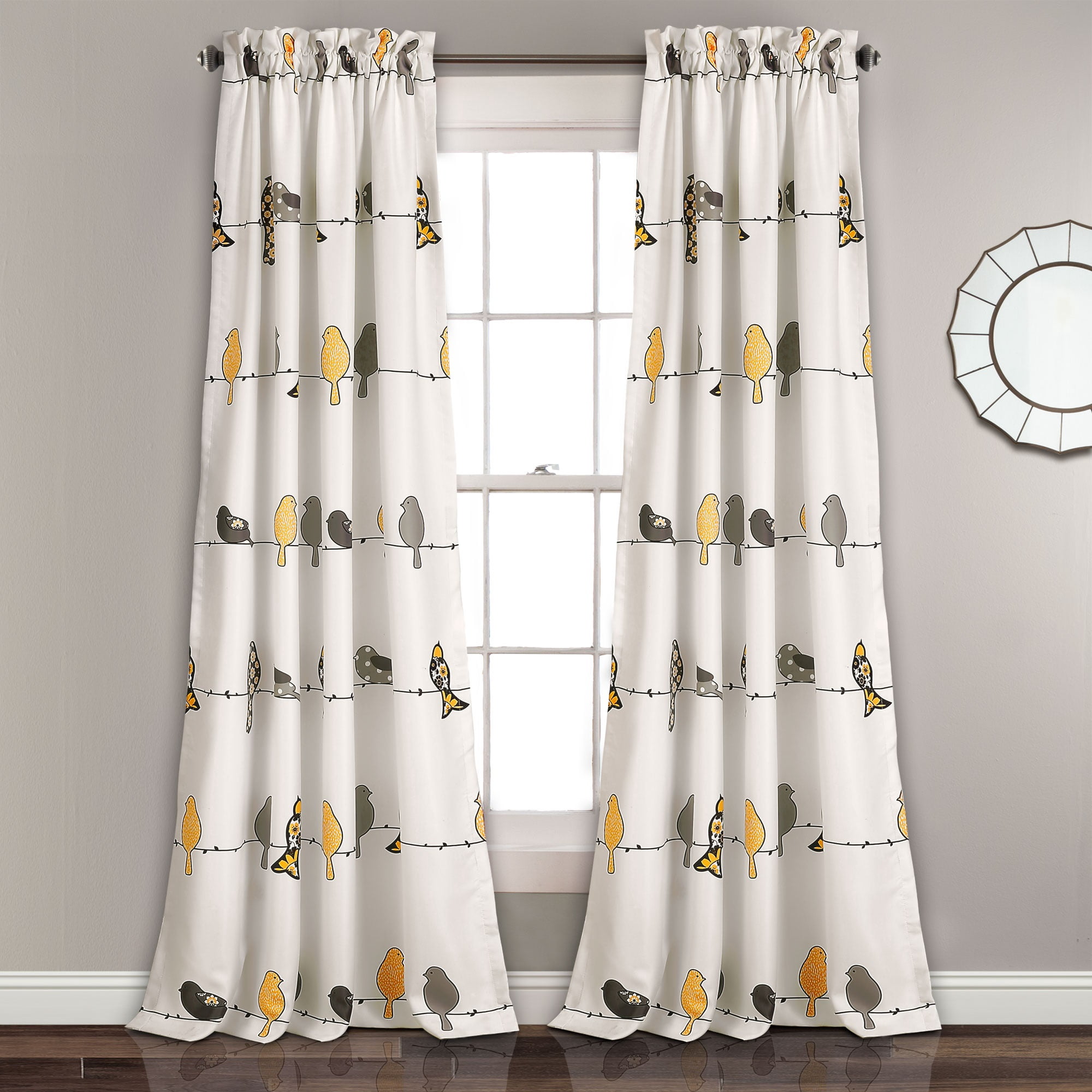 Rowley Oiseaux Chambre Assombrissement Fenêtre Rideau Jaune/gris Ensemble 52x84+2