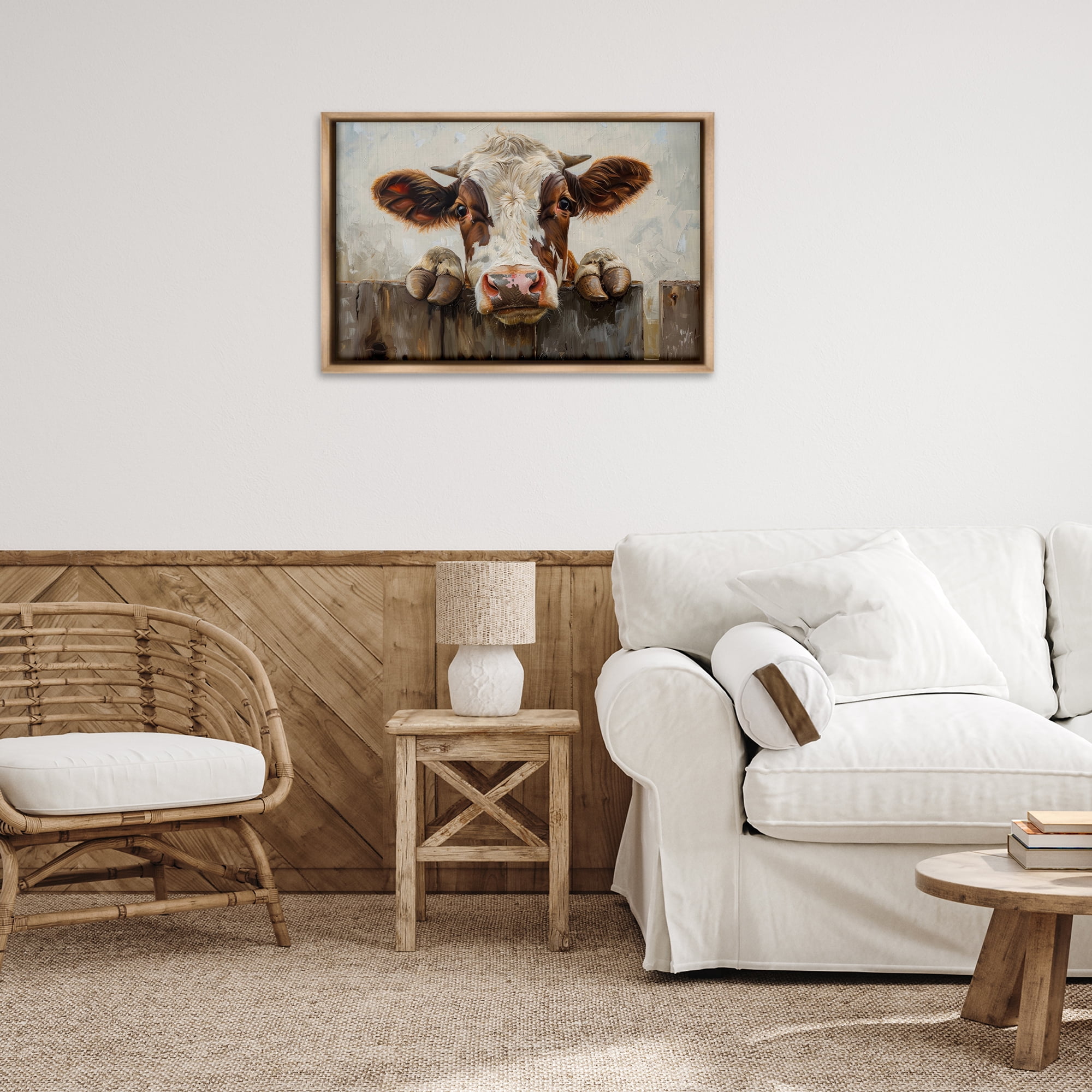 Stupell Industries Cow On Fence Animals & Insects Painting Brown Floater Framed Canvas Art Print Wall Art, 31 x 21