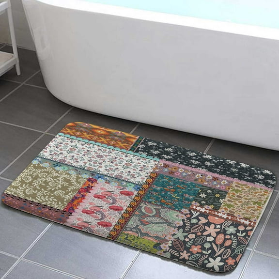 Boho Patchwork Bathroom Mat, Bohemian Flowers Stitch Bathroom Rug Colorful Vintage Country bath mats for bathroom non slip for Kitchen Bedroom Indoor decor 17x29in