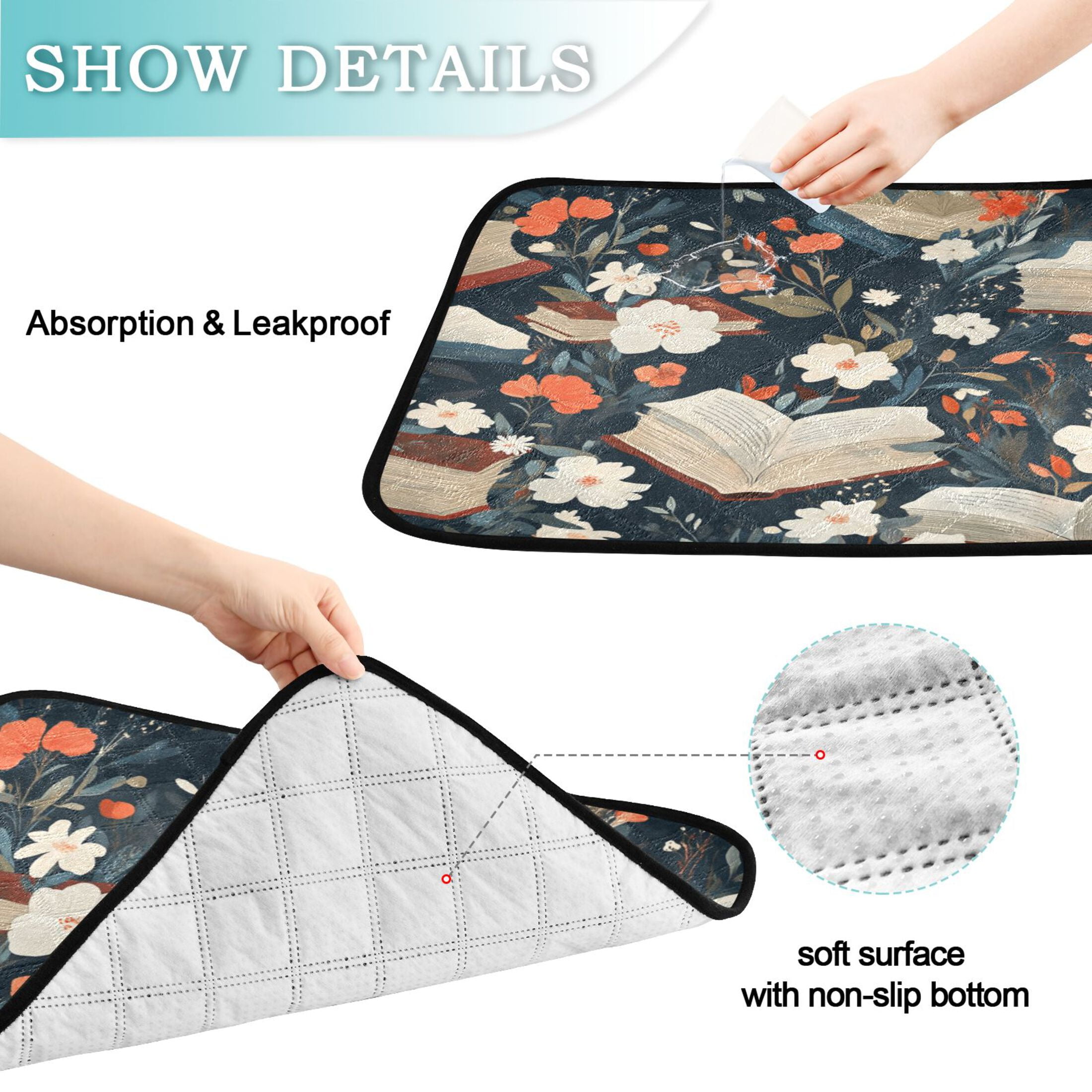Qxltty Books and Flowers Collide Cat litter Pads Pet Set of 3 Diaper Mats Center Anti-leakage Layer Absorbent Soft and Comfortable