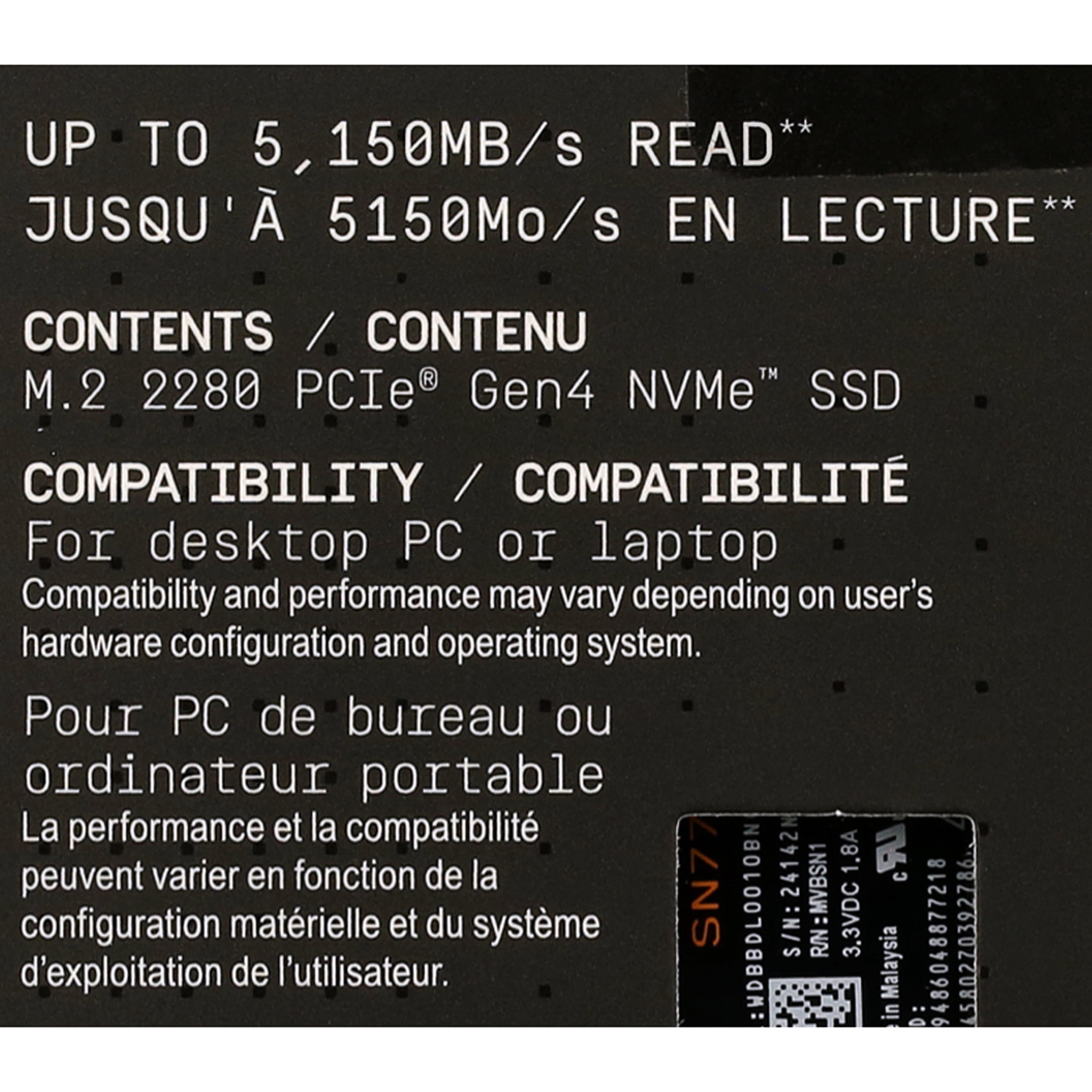 WD Black 1TB SN770 NVMe Internal Gaming SSD Solid State Drive - Gen4 PCIe, M.2 2280, up to 5,150 MB/s - WDBBDL0010BNC- WRWM