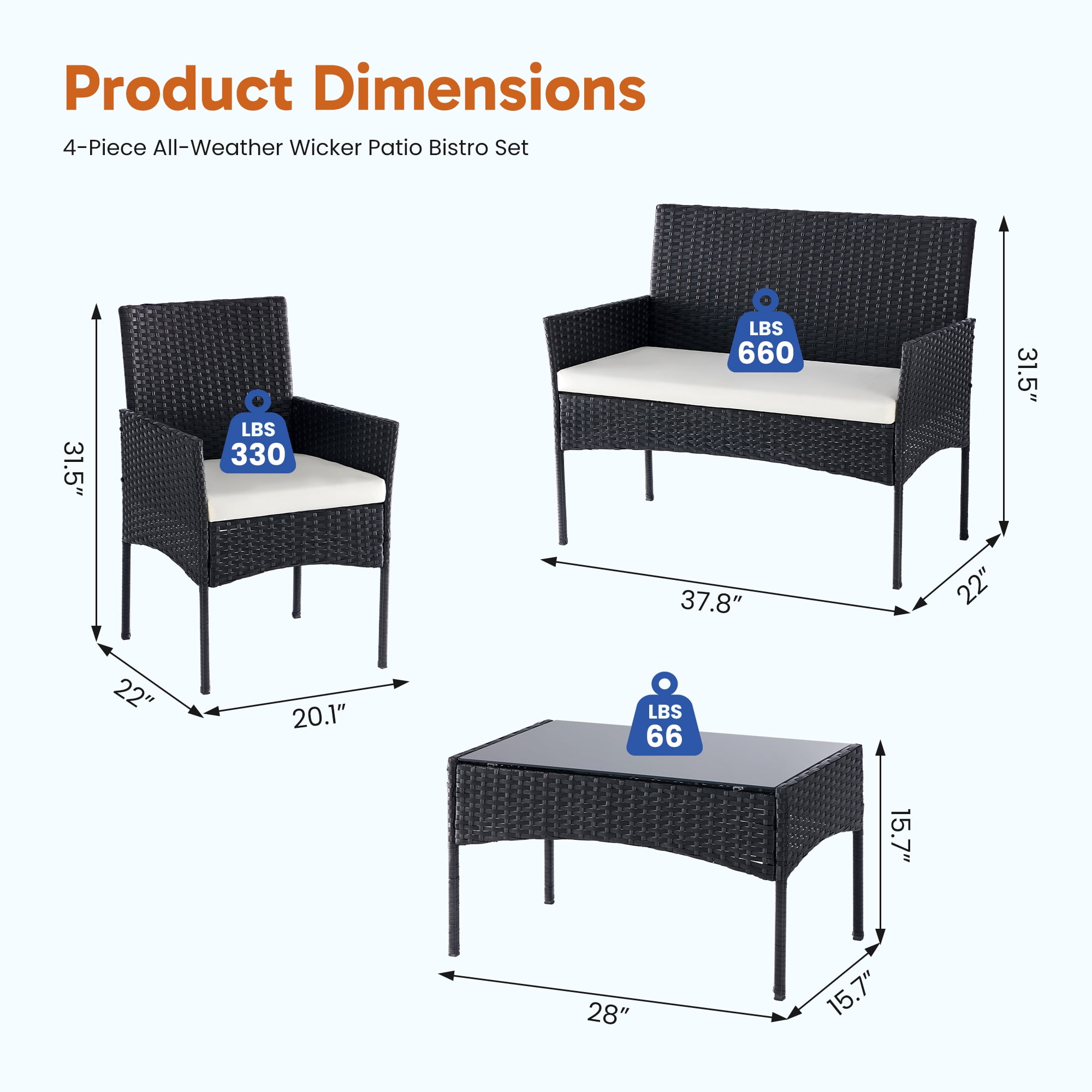 EDX 4 Piece Patio Furniture Set, All-Weather PE Rattan Conversation Set with Black Tempered Glass Coffee Table, Washable Cushions, for Porch Garden Backyard, Black/Beige