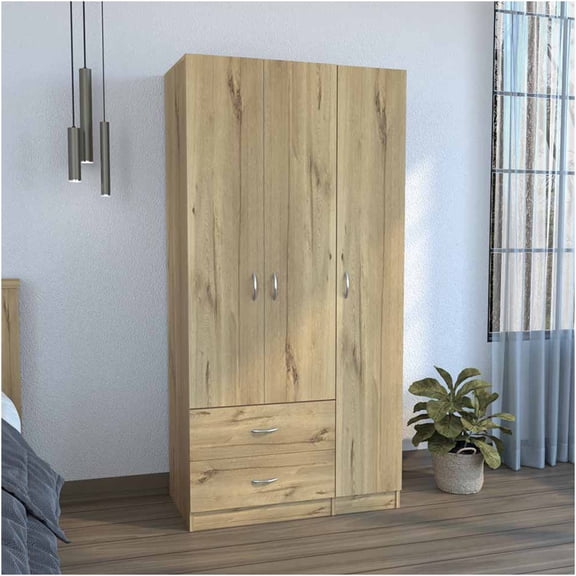 JERFIT 3 Door Wardrobe Armoire with Drawers & Hanging Rod, Freestanding Storage Cabinet for Bedroom, Beige