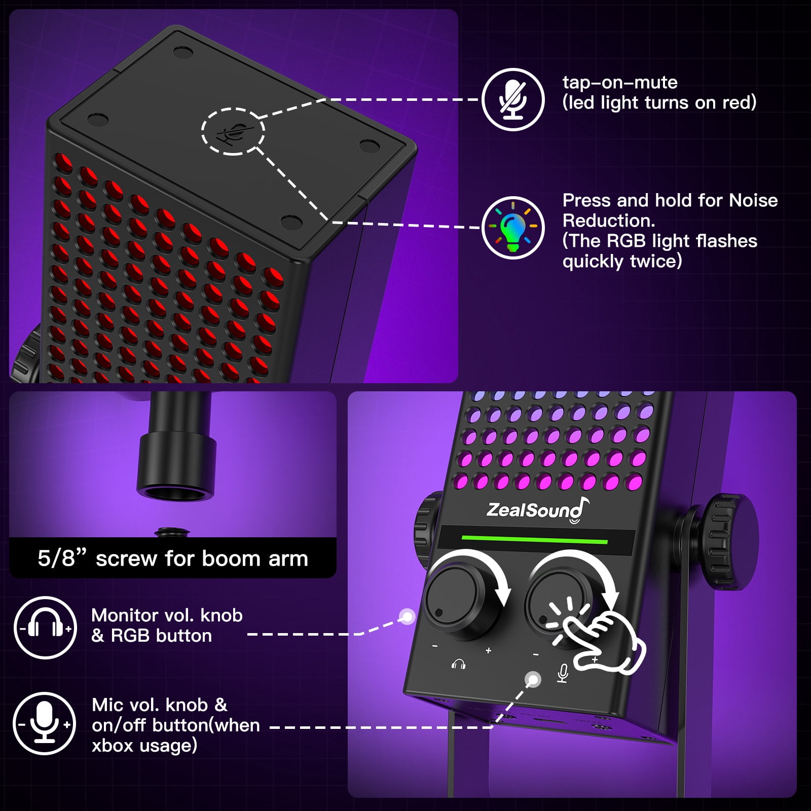 ZealSound Gaming Microphone for Xbox, PC & Mac, Noise Cancellation Streaming Mic with One Tap Mute, RGB Lighting, Monitoring, Gain Control, Condenser Mic for iPhone, Computer, Podcast, Gamer, YouTube