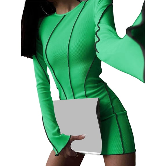 Franhais Female Bodycon Dress, Contrast Color Crew Neck Long Flare Sleeve Ribbed One-Piece