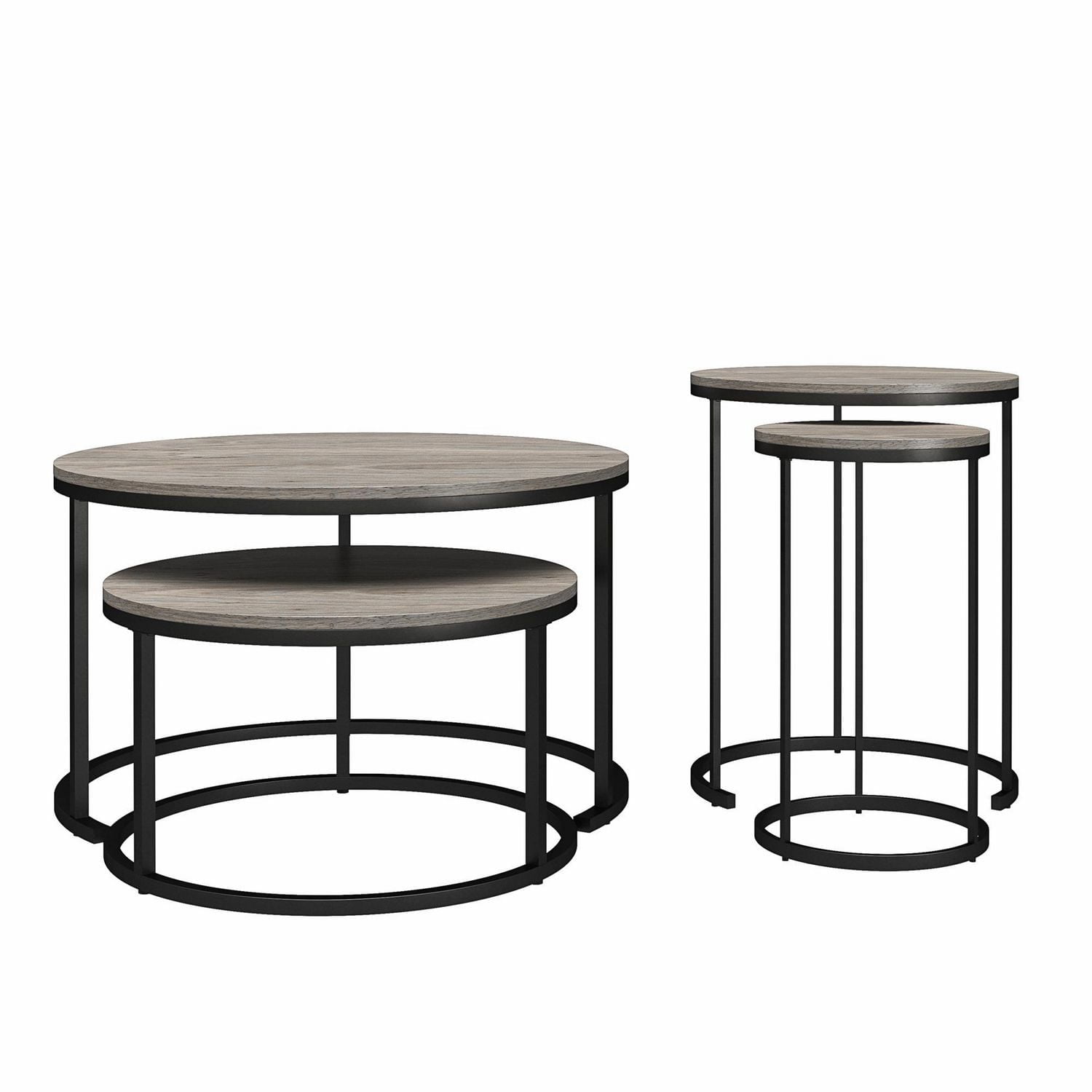 Ameriwood Home Camdale 4-Piece Nesting Coffee and End Table Bundle, Gray Oak w/ Black Meta