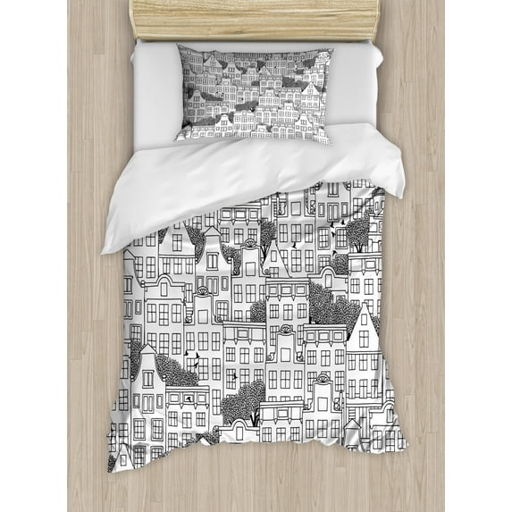 Urban Duvet Cover Set Twin Size, Modern Illustration of Dutch Style European Houses Buildings Busy Urban Life Sketch, Decorative 2 Piece Bedding Set with 1 Pillow Sham, Black White, by Ambesonne