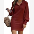 thumbnail image 1 of Suéter de mujer europeo y americano Suéter de mujer de largo medio Vestido de suéter de mujer Vestido largo de punto de color sólido con mangas abullonadas y solapa, 1 of 5
