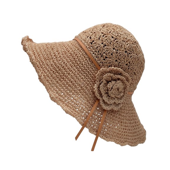 Floral Tie Wide Brim Hat, Straw Casual Sun Cap, Outdoor Travel Headwear, Women Light Comfortable Foldable Hat for Seaside Leisure Outing Summer Anti Sun Stylish Headgear,Khaki