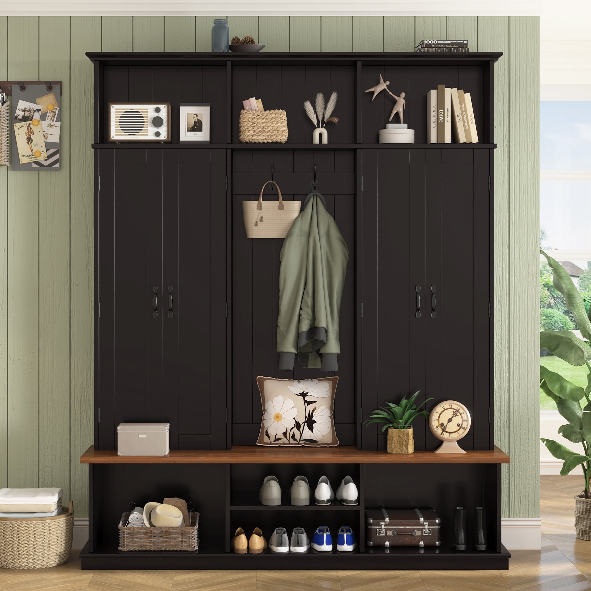Mintazer 62.2"W Entryway Hall Tree with Coat Rack, Storage Bench & 3 Top Cubbies, Freestanding Shoe Cabinets for Hallway, Mudroom, Bedroom, Black