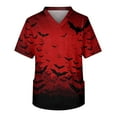 thumbnail image 2 of Domuza Scrub Tops Men Plus Size V Neck Short Sleeve Spooky Horror Print Nurse Top Soft Comfort Elastic Working Uniform with Chest Pockets Red S, 2 of 5