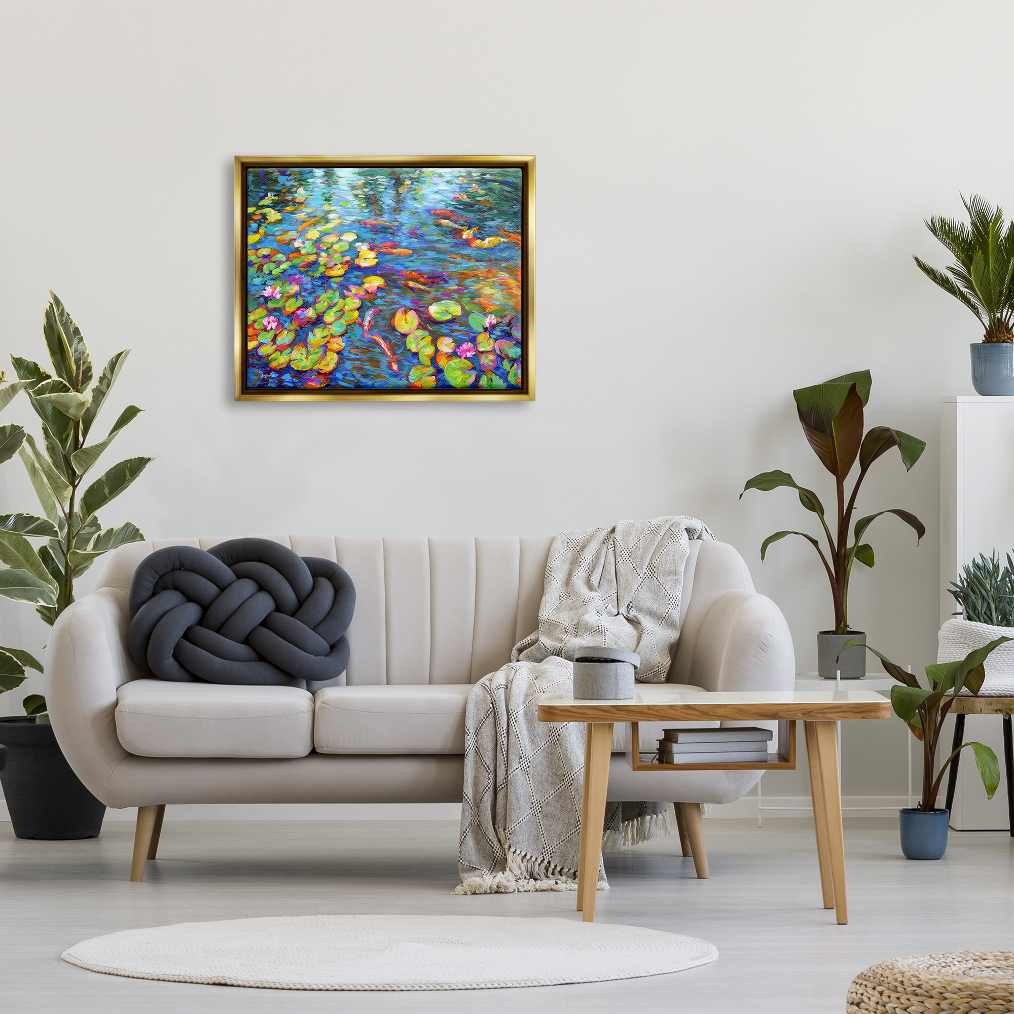 Stupell Industries Koi Fish and Water Lilies Landscape Painting Gold Floater Framed Canvas Art Print Wall Art, 31 x 25