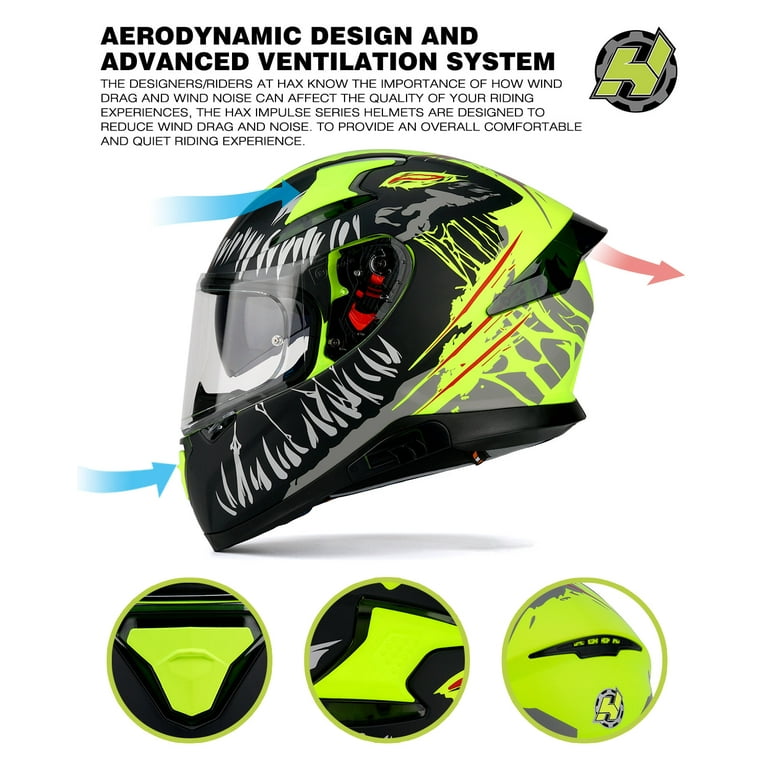 HAX Full Face Motorcycle Helmet with Dual Rear Wing, Motorbike Street Bike  Helmet with Pinlock Ready Plastic Nails for Adult,DOT Approved(Impulse  Devour Yellow,L) - Walmart.com