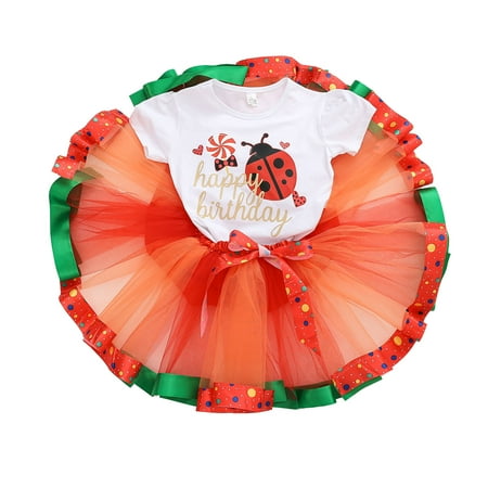 

Baby Girls Outfit Short Sleeve Cartoon Prints T Shirt Tops Skirts Two Piece Outfits Girls Patchwork Colour Tulle Dance Skirt For Party