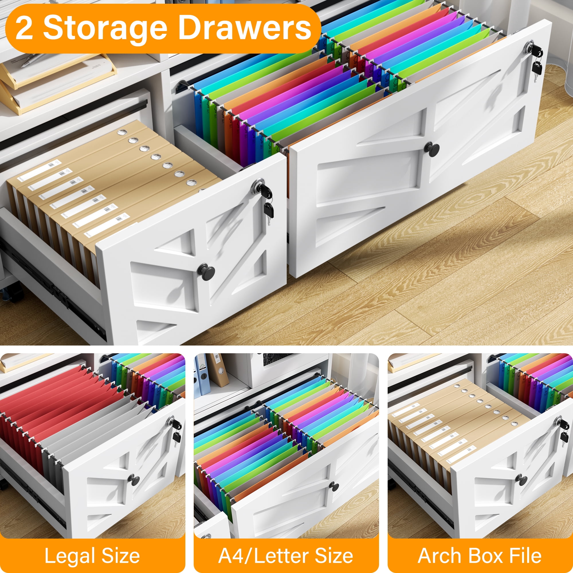 File Cabinet with 2 Lockable Drawers, ETASE Farmhouse Filing Cabinet with Sliding Door and Storage Shelf, Print Stand for A4/Letter, Storage Cabinet for Home Office, White