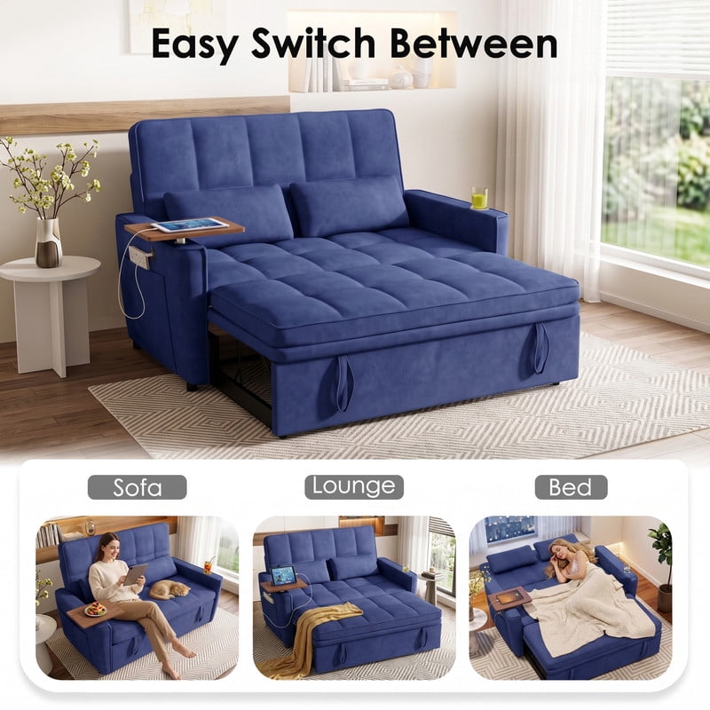 Anpport 3‑in‑1 Convertible Sleeper Sofa Bed, Pull‑Out Sofa with Side Desk, USB Ports, Cup Holders, Storage Armrests & Adjustable Backrest for Living Room Apartment, Blue