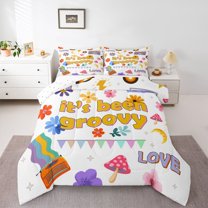 Homewish Cute Floral Mushroom Queen Comforter Set,Colorful Rustic Floral Bedding Sets,White Orange Purple Bedding Comforter Set For Girl Teens,Microfiber Bedroom Decor Reversible,3pcs