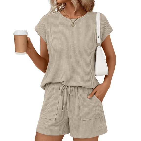 Lumtrix Womens 2 Piece Short Sets Cap Sleeve Summer 2026 Matching Lounge Casual Outfits Travel Beach Vacation Sweatsuit Khaki S