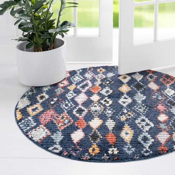 Unique Loom Morocco Collection Area Rug - Medina (7' Round Navy Blue/Gray)