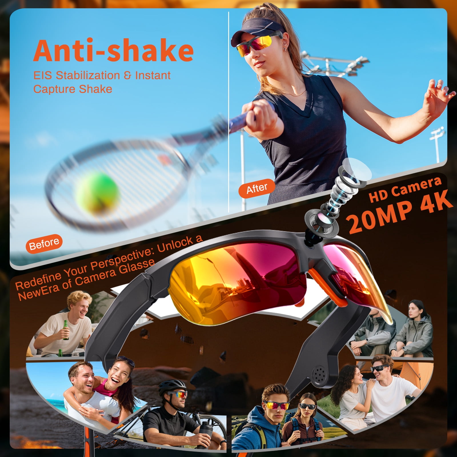 AI Smart Sports Glasses – 20MP Camera, EIS Video, Open-Ear Audio, Real-Time Translation, Photochromic UV400 Lenses for Cycling & Hiking, Purple