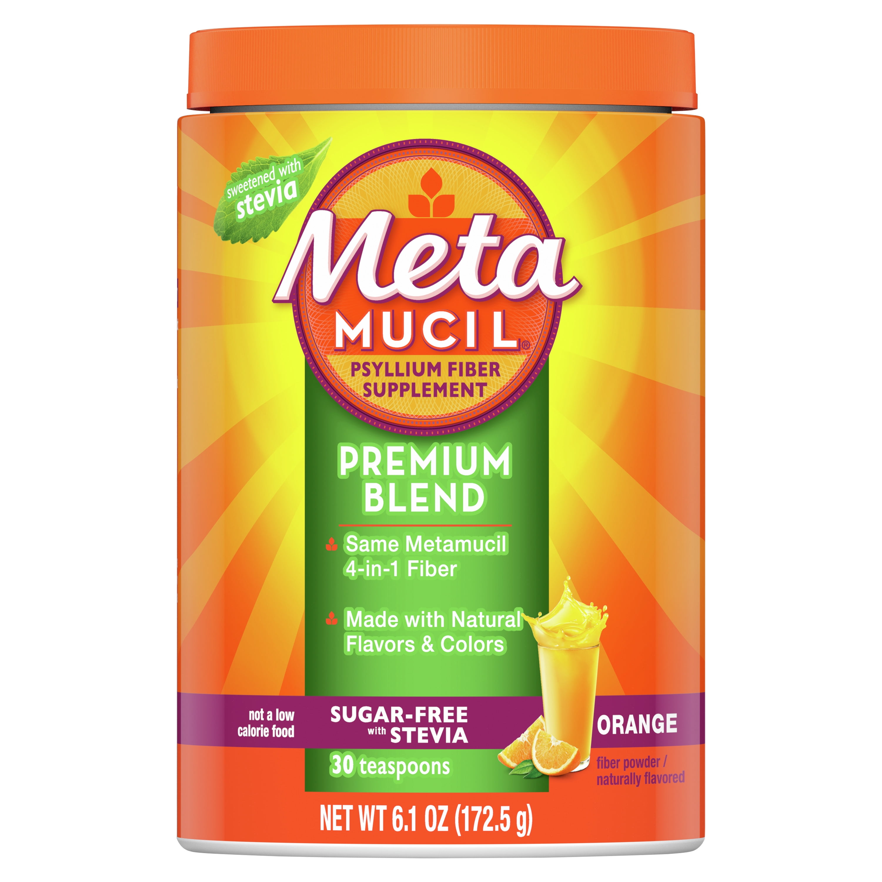 Metamucil Psyllium Stevia Fiber Supplement Powder, Orange, 30 tsp