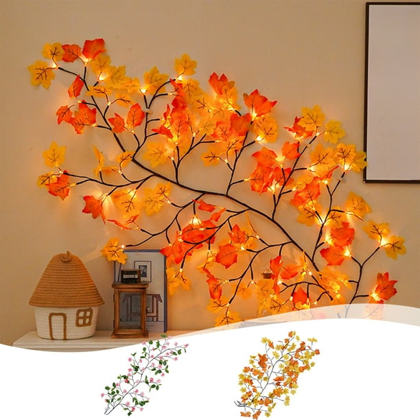 Cuerda de luz LED de hoja de arce de Acción de Gracias | Rama de ratán flexible de 70,87 pulgadas | Guirnalda blanca cálida iluminada | Decoración de plástico naranja y rosa | Fiesta de mesa con