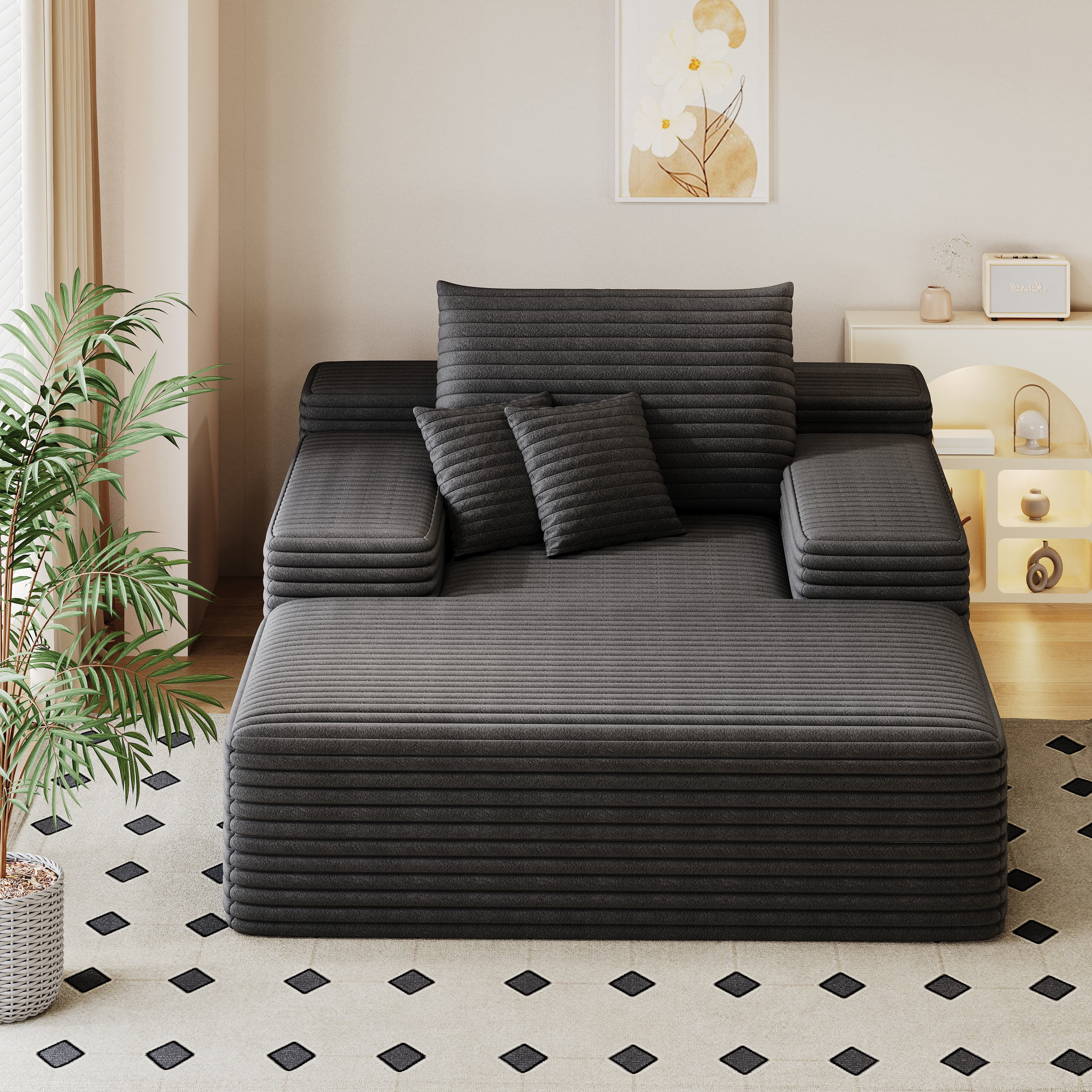Leumius Oversized Chaise Lounge Chair Indoor Furniture, No Assembly Required, Plush Corduroy Upholstered Sofa Bed Cozy Sleeper Couch for Living Room, Bedroom, Dark Grey