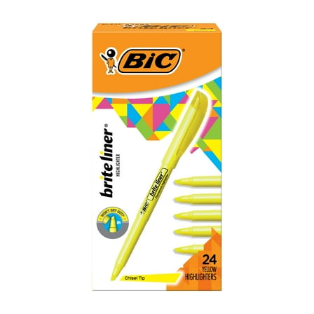 BIC Brite Liner Yellow Highlighter, Chisel Tip, Fluorescent Yellow Ink, 24 Count Yellow Highlighters