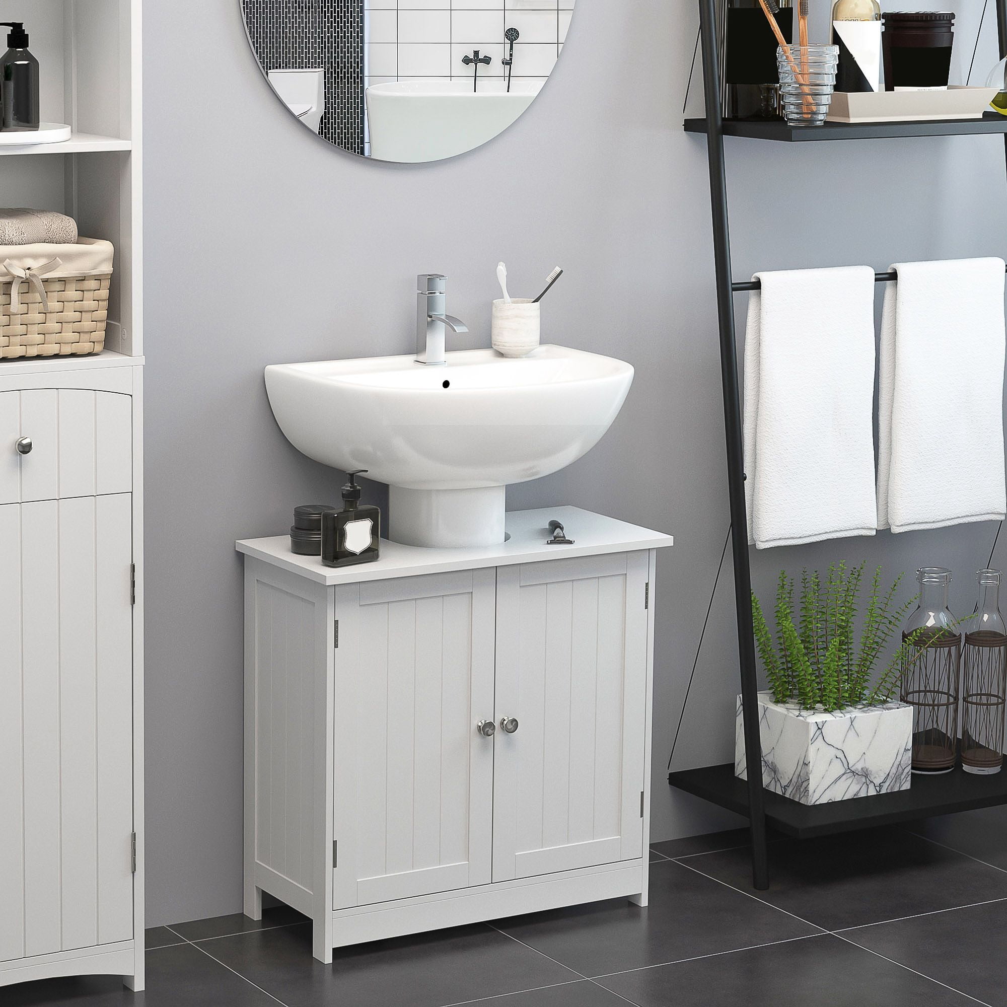 Under Sink Cabinet, Bathroom Vanity with 2 Doors & Shelf for Pedestal Sink, White