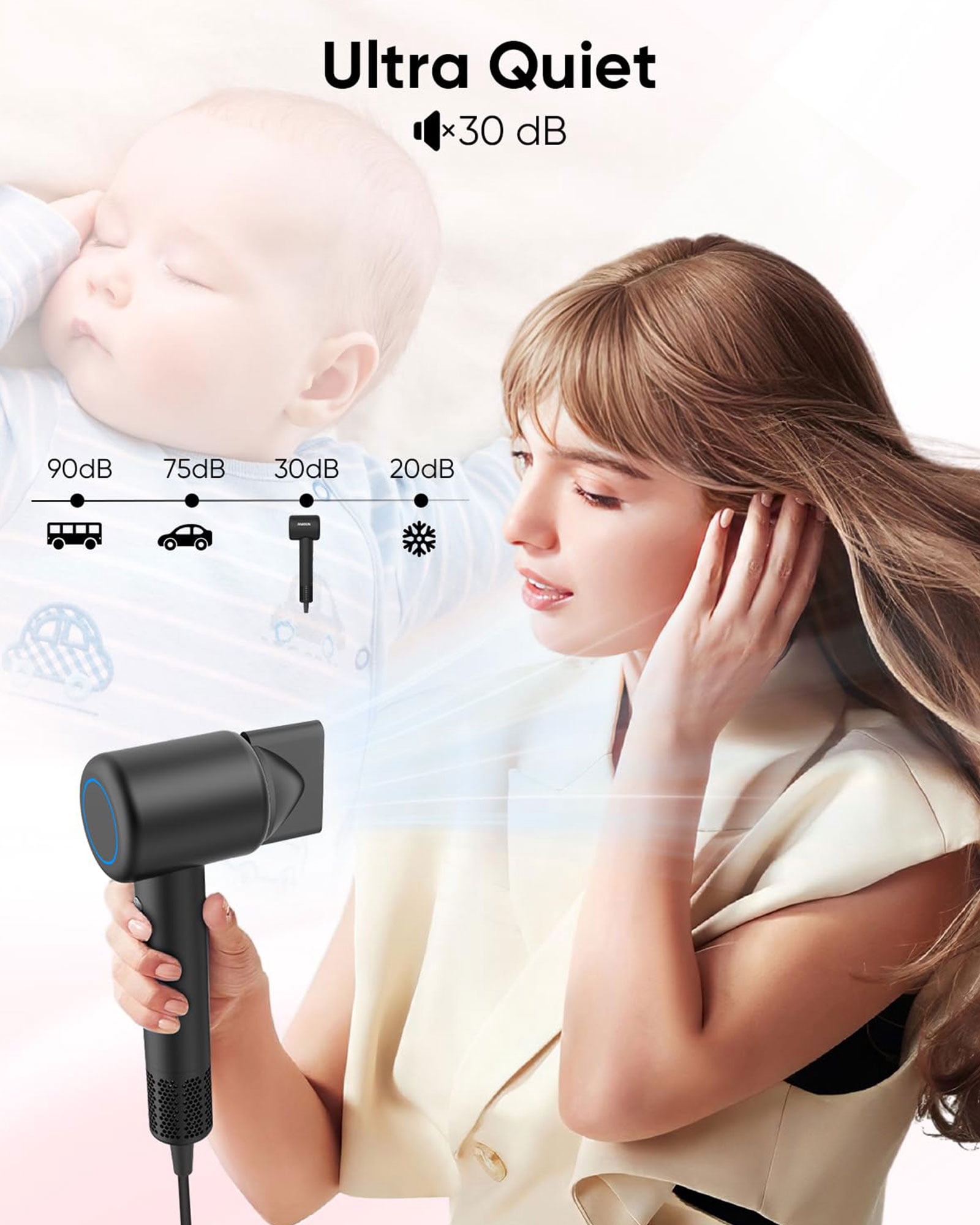 Hair Dryer, High-Speed Ionic Low Noise Blow Dryer with Brushless Motor for Fast Drying, Thermo-Control Quiet Compact Hair Blow Dryer with Magnetic Diffuser for Curly Hair for Home Travel Salon