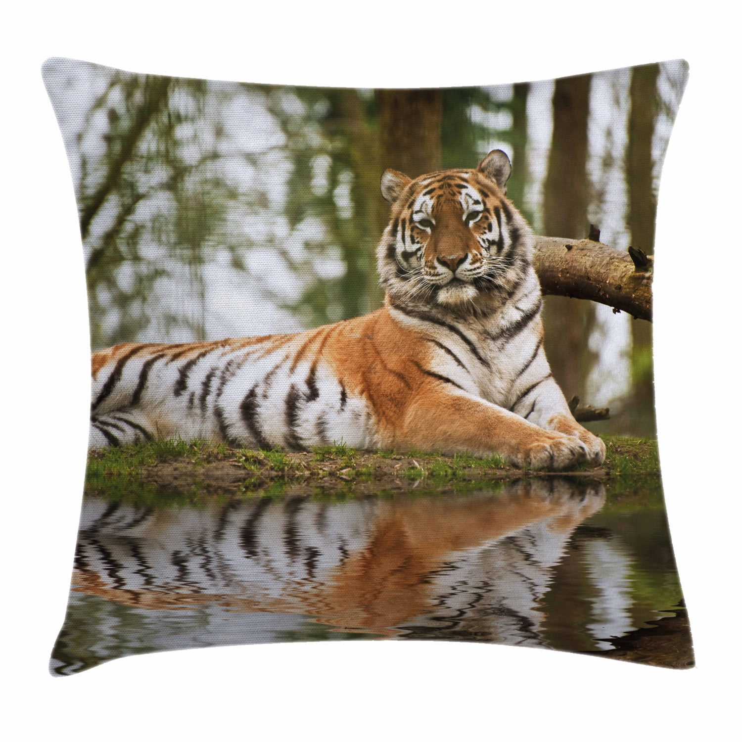 Tiger Throw Pillow Cushion Cover Beast Of Siberia Resting On A Warm Day On A Lake With Its Reflection Altaica Mammal Decorative Square Accent Pillow Case 24 X 24 Inches Pale Brown