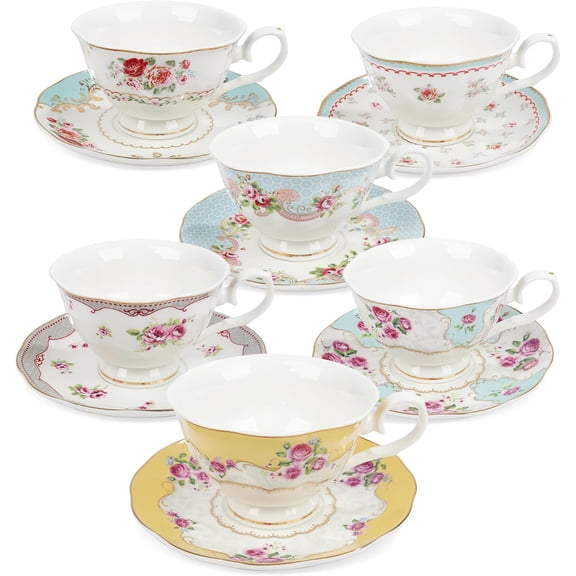 Colorful Floral Porcelain Coffee Cups with Saucers British Tea Cups Set for 6 Classic Rose Tea Party Set for Women