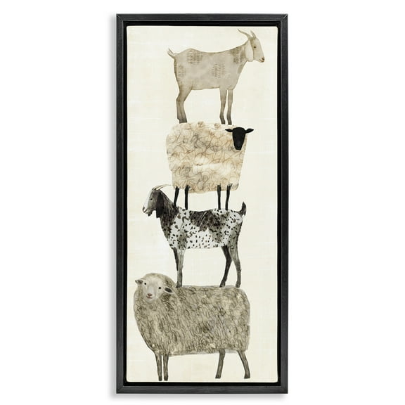 Stupell Industries Fun Stacked Sheep & Goats Farm Animals Animals & Insects Painting Black Floater Framed Canvas Art Print Wall Art, 11 x 25