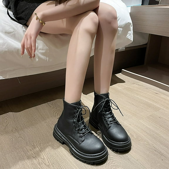 SUNVIT Womens Thick Sole Platform Ankle Boots - Faux Faux Leather, Lace-Up Design, Black, Size 43, All-Day Comfort