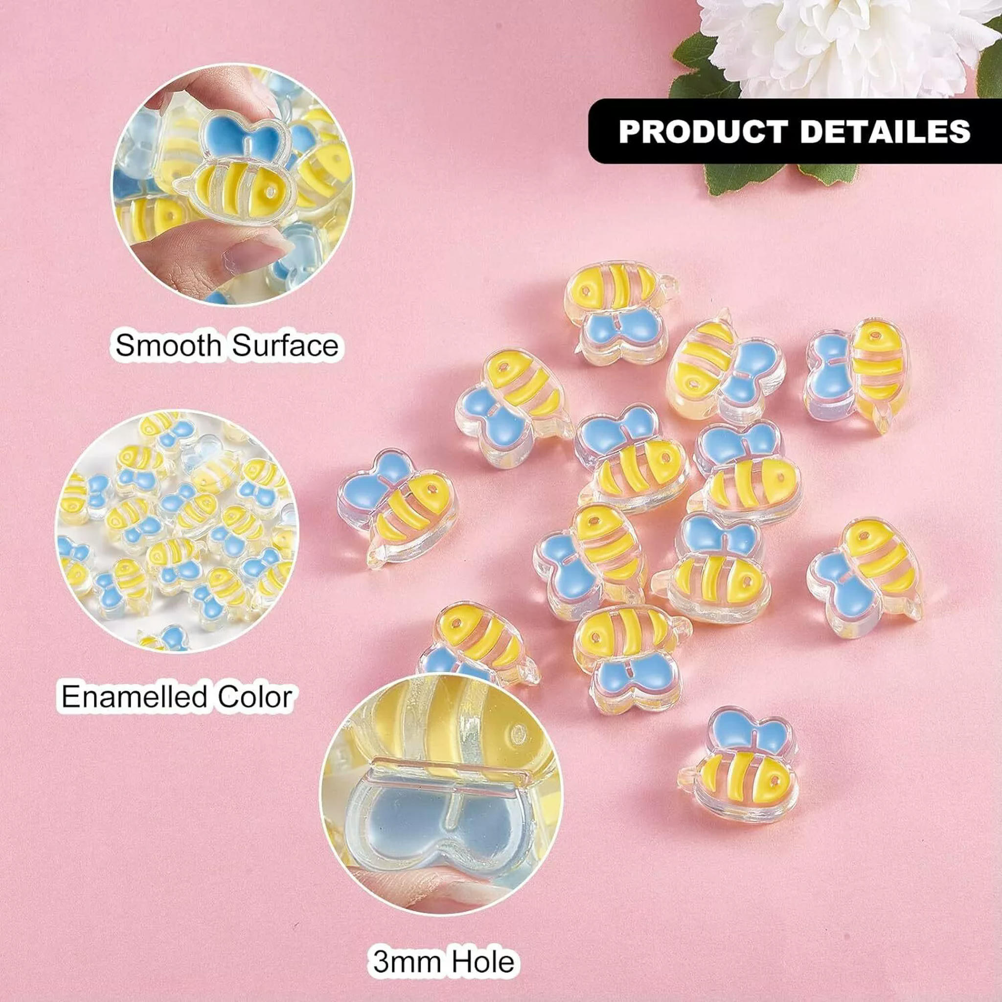 U8MO 100x Honeybee Bee Acrylic Beads for Jewelry Making DIY Hair Décor Accessories