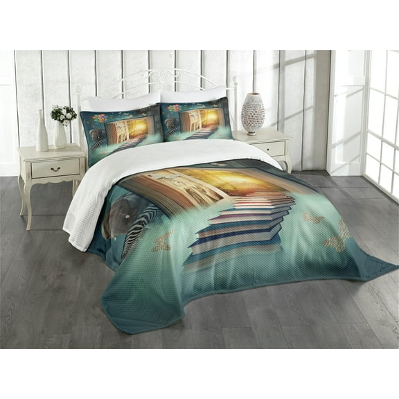 Ambesonne Fantasy Quilted Bedspread Set 3 Pcs, Magic Book and Animals, Queen Size, Teal and Yellow