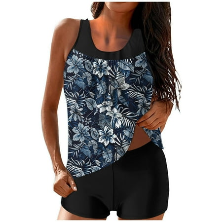 ZQGJB Blouson Tankini Swimsuits for Women Two Pieces Summer Tropical Printed Beach Flowy Swim Tank Top and Boyshorts Tummy Control Bathing Suits(Blue#03 XL)
