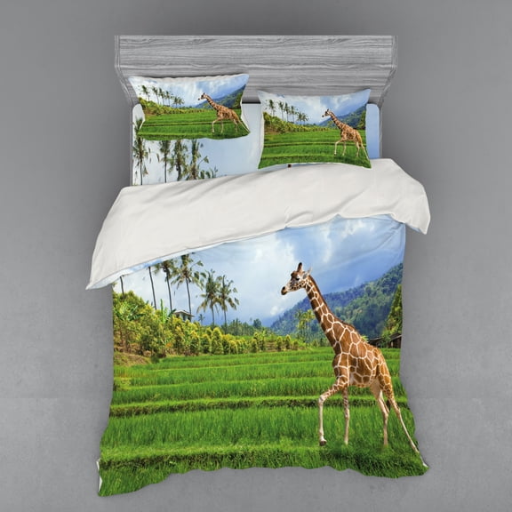 Ambesonne Landscape Bedding Set 4 Pcs, Tropical Wild Animals, Queen, Fern Green Pale Blue