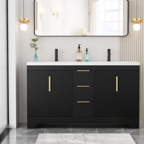 Eclife 60-inch Double Sink Bathroom Vanity with Integrated Tops, Soft-Close Hinges, Fluted Door Design, Mid-Century Modern