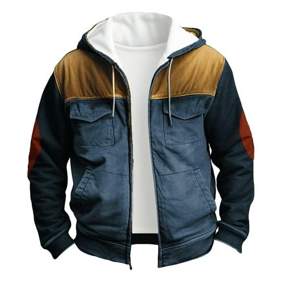 Xzbqbs Jackets for Men Full Zip Up Slim Fit Drawstring Tactical Hoodie Coat Casual Fashion Lightweight Patwork Hooded Jackets