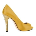 thumbnail image 2 of XYD Women Peep Toe Pumps Sparkle Rhinestones Crystal Sandals Satin Slip-on High Heel Shoes for Evenings Events Size 7 Yellow, 2 of 4