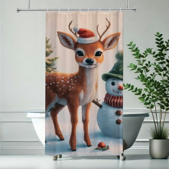 RKSupls Christmas Shower Curtain, Christmas Deer Snowman Shower Curtain with Hooks for Christmas Home Bathroom Decor Washable Curtains, 36x72 in
