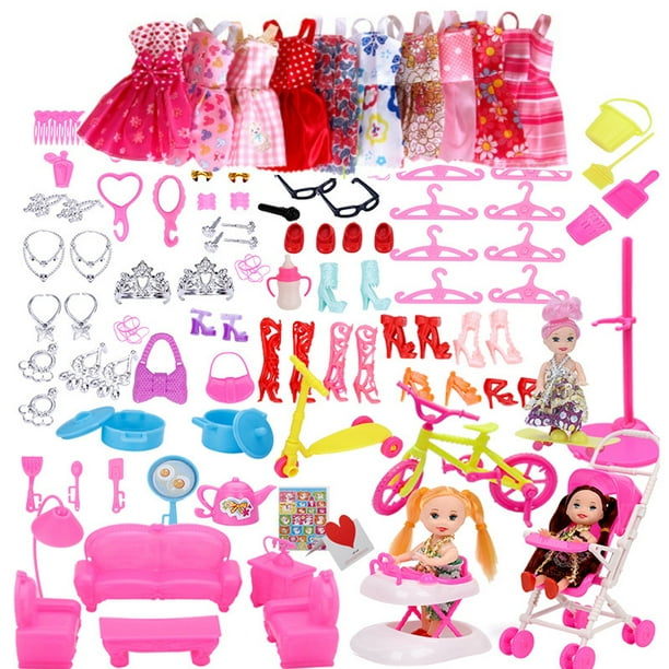 Grand lot de vêtements et accessoires Barbie rose 89 pièces