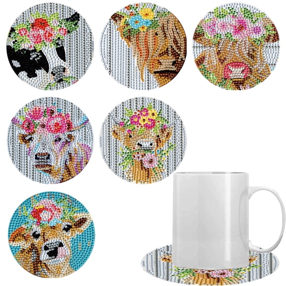 6pcs DIY Diamond Painting Coaster Kit with Floral and Cow Designs, Includes Stand The Perfect Choice for Home Decor and Gifting