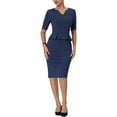 thumbnail image 2 of Unique Bargains Robe Fourreau Femme Col en V Travail Peplum Robe Crayon Bleu Marine TG, 2 of 5