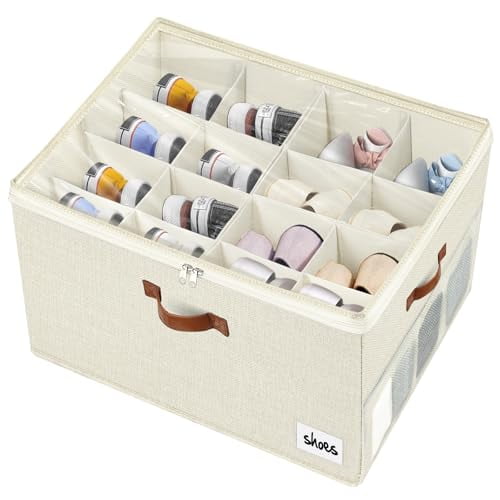 Shoe Organizer for Closet, 16 Pairs- Large Shoe Box Storage Containers,Fabric Foldable Shoe Storage Bins with Clear Cover, Adjustable Dividers for Shoes,beige