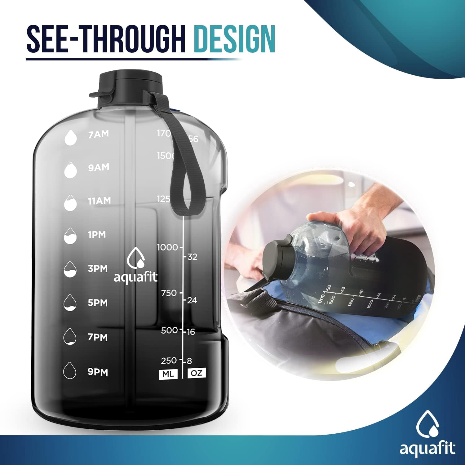AQUAFIT - Water Bottle with Straw - Motivational Big Water Bottle with Time Marker - Half Gallon, Gray Fade