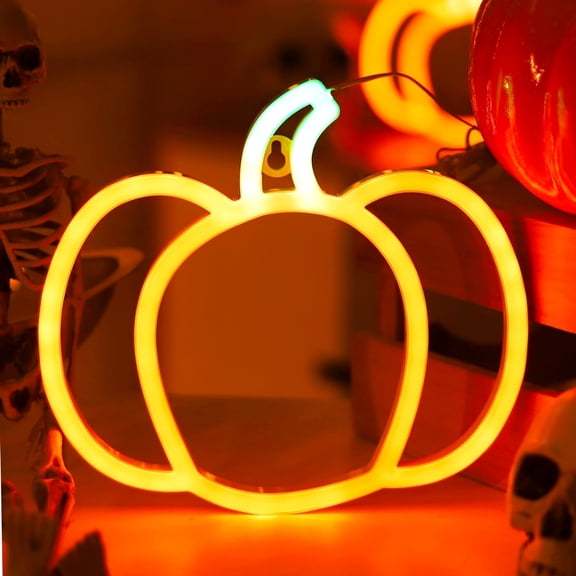 Pumpkin Neon Sign Light, LED Fall Decor with Orange and Green Glow, 8.3x9.3 Inch, USB or Battery Powered for Halloween and Thanksgiving