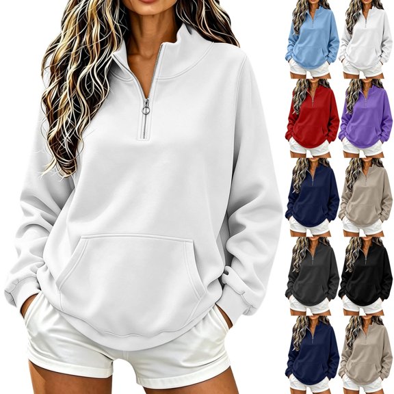 QINGFSAP Womens Long Sleeve Quarter Zip Sweatshirt High Neck Pullover Tunic Tops with Pockets