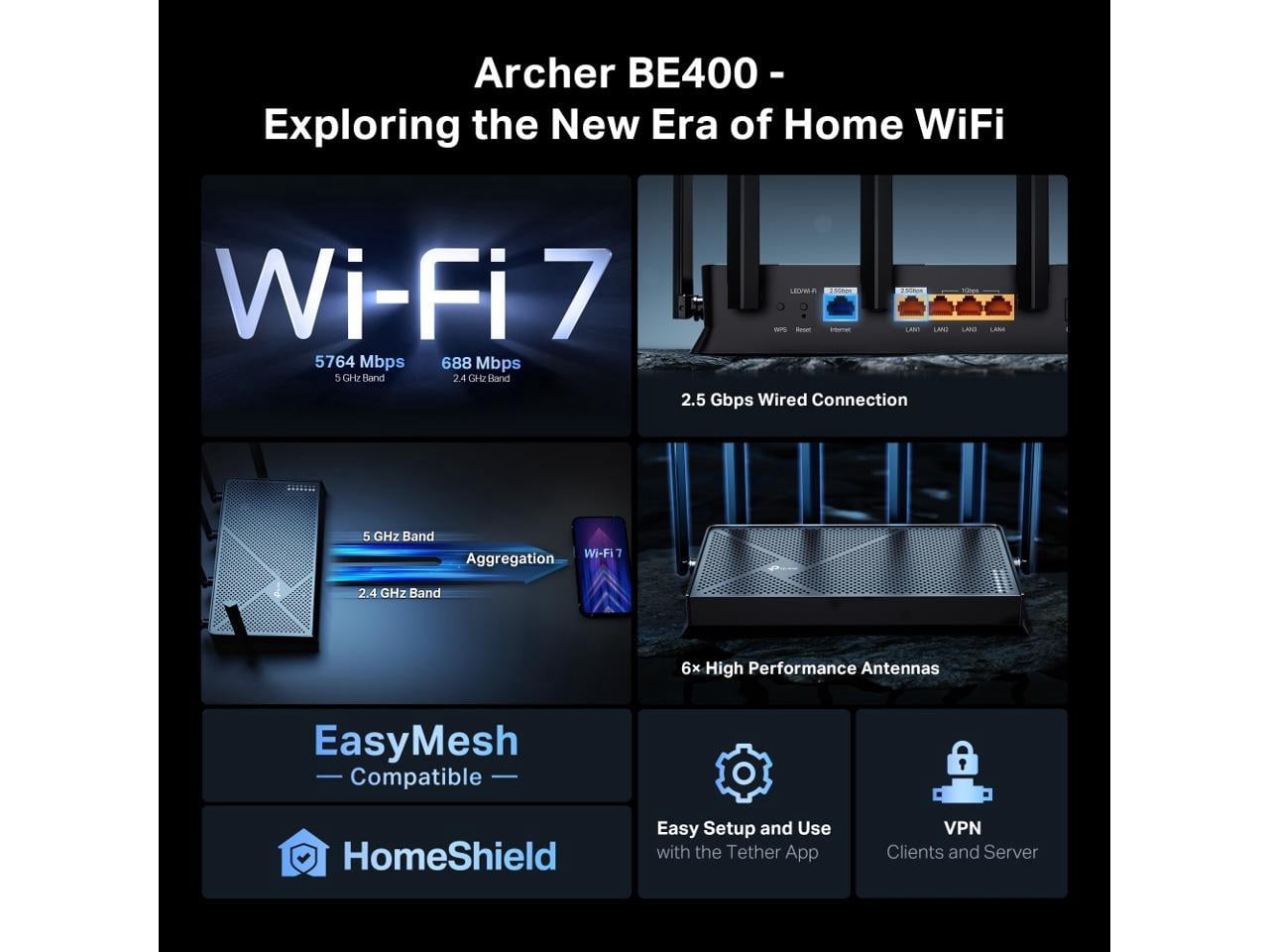 TP Link Archer BE400 BE6500 Dual-Band Wi-Fi 7 Router
